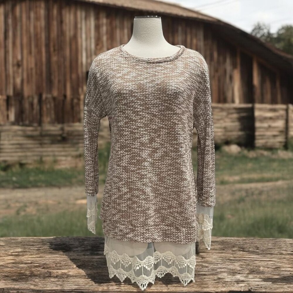 Brown Knit Tunic Top‎ - Sheer Lace Hemline Boho Chic Cottagecore Retro Feminine
